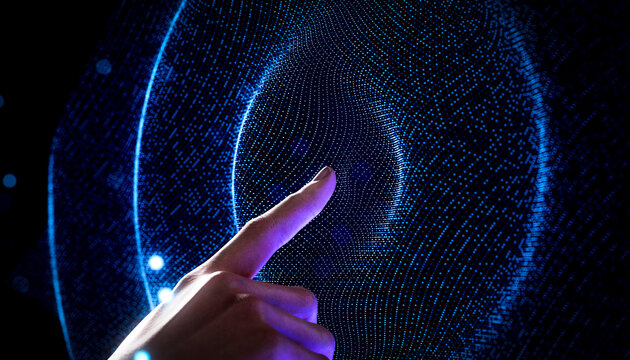 3D hand touching digital fingerprint formed by data particles for biometric security