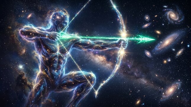 Surreal cosmic artwork featuring a celestial archer made of nebulae and stars aiming a glowing green energy arrow through deep space filled with vibrant spiral galaxies and distant star clusters.