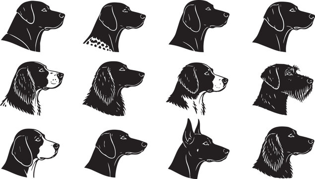 Set of black dog head silhouettes in side profile view