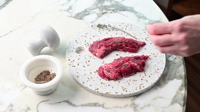 Hands sprinkling seasoning over two raw beef steaks on a speckled plate beside dried herbs on a light marble patterned kitchen table.