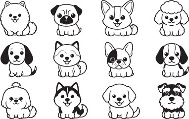 Fototapeta premium Set of cute cartoon dog breeds in line art style
