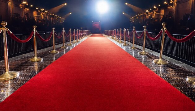 a luxurious red carpet was rolled out to the film premiere a long red carpet between the rope barrier and the stairs under the bright light