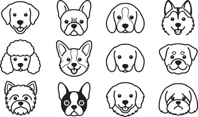 Fototapeta premium Set of cute dog breed head icons in line art