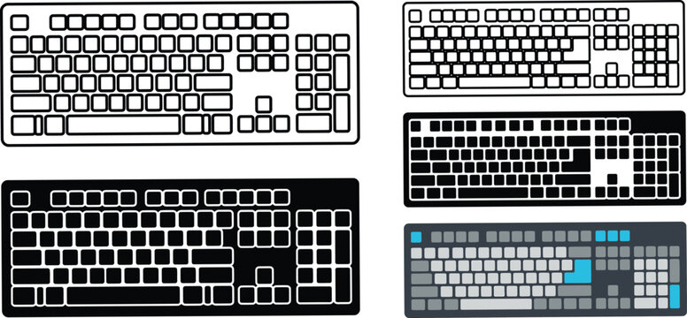 Computer keyboard vector icon set in three styles. Minimal line art, solid pictogram, and flat color design of PC typing keypad input device.