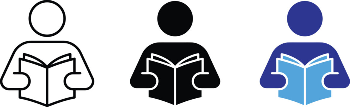 Student person reading book library education flat design vector icons illustration set