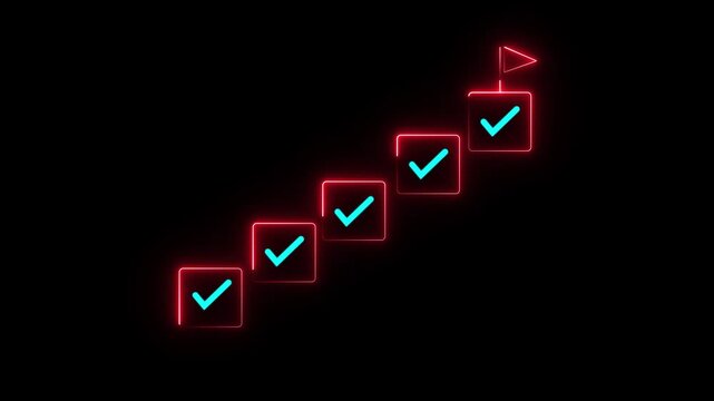 Glowing task checklist steps leading to a goal flag, representing an ascending to-do list for milestone progress on a black background, 4k motion graphics.