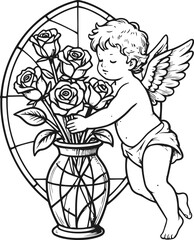 Obraz premium Cherubic angel arranging roses in a vase by stained glass window, vintage line art illustration