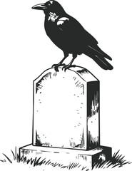 Obraz premium Crow perched on cemetery tombstone black bird silhouette on gravestone with grass halloween spooky gothic symbol of death and mourning