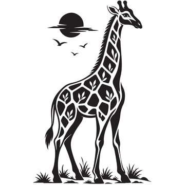 Abstract giraffe silhouette illustration grass leaf pattern body sun clouds birds iconic wildlife nature tall animal black white vector design