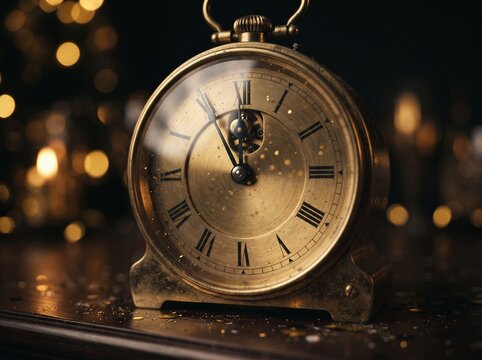 Ornate brass clock face with hands approaching midnight