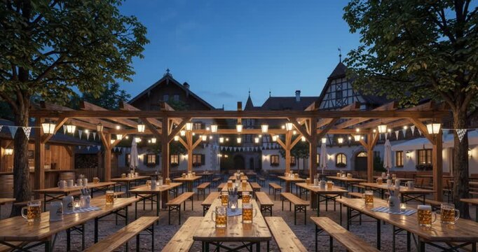 Horizontal outdoor beer garden courtyard at dusk with wooden tables, benches, string lights, and beer mugs