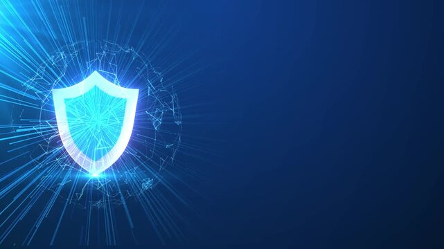 Cyber security shield data protection, glowing light rays firewall, digital network global privacy concept.