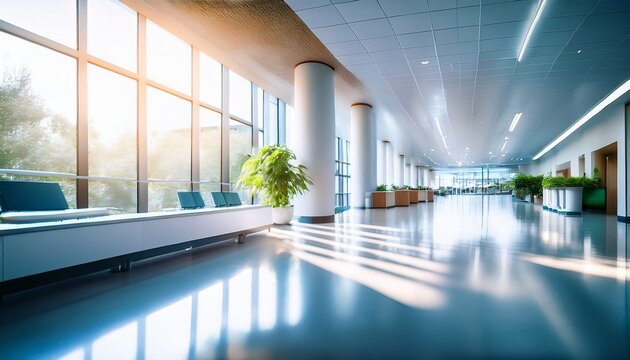 blurred modern medical clinic reception lobby interior healthcare hospital waiting area professional business office space bright clean background