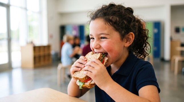 Children enjoy a healthy and fun break during school lunchtime. A cheerful boy takes a big bite out of a delicious fresh sandwich.