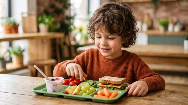 Children enjoy a healthy and fun break during school lunchtime. A smiling student looks over a tray filled with various healthy foods.