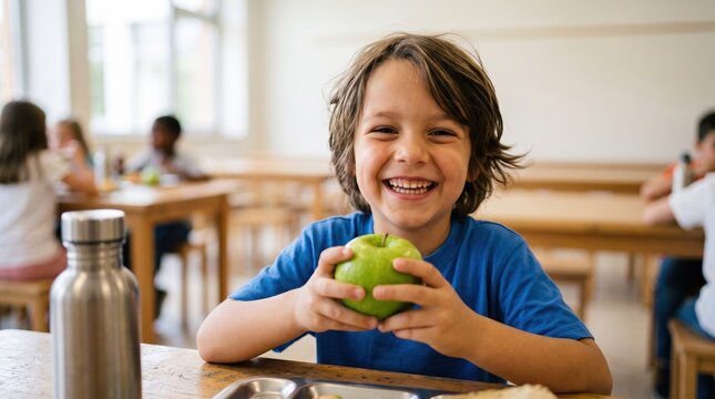 Children enjoy a healthy and fun break during school lunchtime. A happy boy holds a bright green apple while sitting at the table.