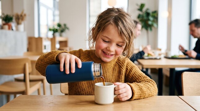 Children enjoy a healthy and fun break during school lunchtime. A young boy carefully pours a drink from a thermos into a small cup.