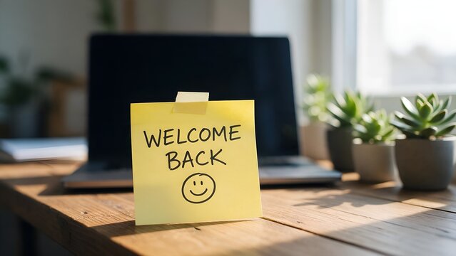 Bright yellow sticky note displaying a friendly welcome back message with a happy smiley face icon placed prominently on a wooden desk near office laptop