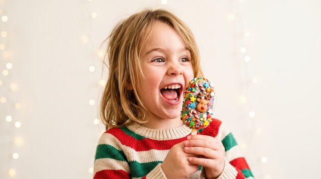 Children enjoy a healthy and fun break during school lunchtime. A surprised girl reacts with excitement to a festive, sprinkled snack.