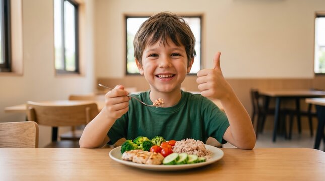 Children enjoy a healthy and fun break during school lunchtime. A boy gives a thumbs up to show how delicious his healthy food is.