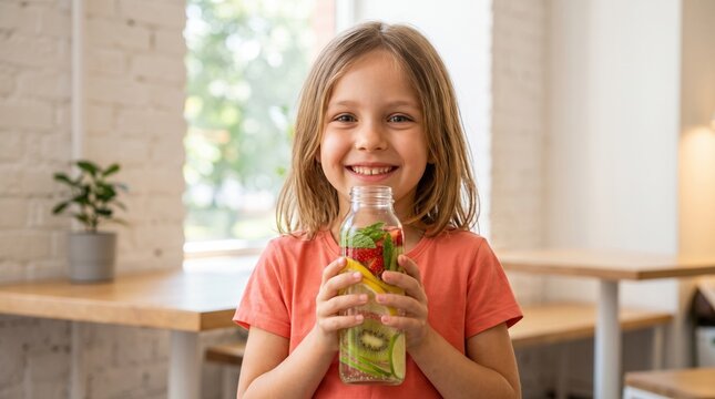 Children enjoy a healthy and fun break during school lunchtime. A smiling girl holds a clear water bottle infused with fresh fruit.
