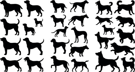 Fototapeta premium Dog Silhouettes Set Various Breeds Purebred Pets Standing Walking and Running Silhouettes Isolated on White