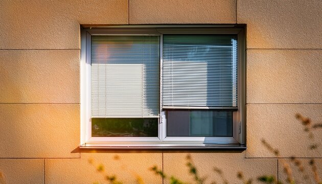 close up of modern house window with roller shutter over glass on exterior facade concept of residential architecture home design and property detail