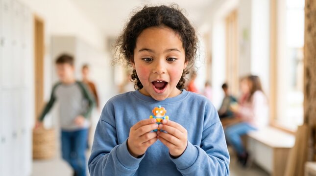 Children enjoy a healthy and fun break during school lunchtime. A surprised boy looks excitedly at a small toy he found in his lunchbox.