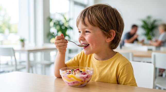 Children enjoy a healthy and fun break during school lunchtime. A happy boy enjoys a spoonful of colorful, creamy yogurt from a small bowl.