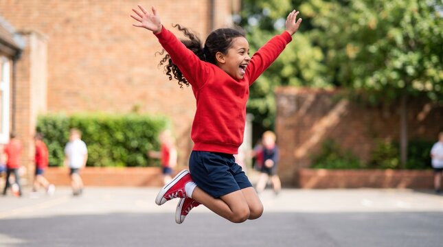 Children enjoy a fun and active break time at school. A happy girl in a red sweater jumps high in the air with pure excitement outdoors.