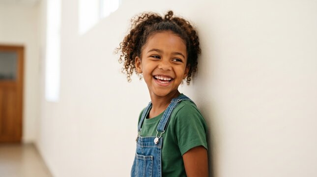 Children enjoy a fun and active break time at school. A young girl in denim overalls smiles warmly while relaxing against a bright wall.