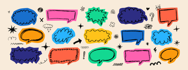 Naklejka na ściany i meble PrintPop art comic book speech balloon templates. Bright grunge textured dialogue boxes, thought bubbles, and hand-drawn doodle symbols for graphic design.