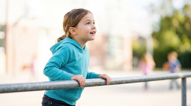 Children enjoy a fun and active break time at school. A young girl in a blue hoodie leans on a metal railing and looks away thoughtfully.