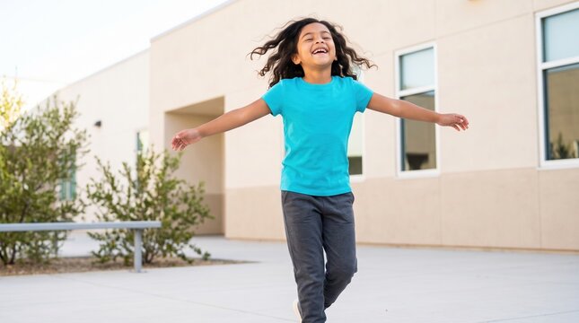 Children enjoy a fun and active break time at school. A joyful girl spins around with her arms outstretched on the outdoor playground path.
