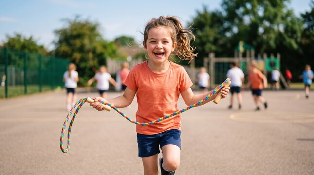 Children enjoy a fun and active break time at school. An active girl smiles brightly while holding a skipping rope during outdoor recess.