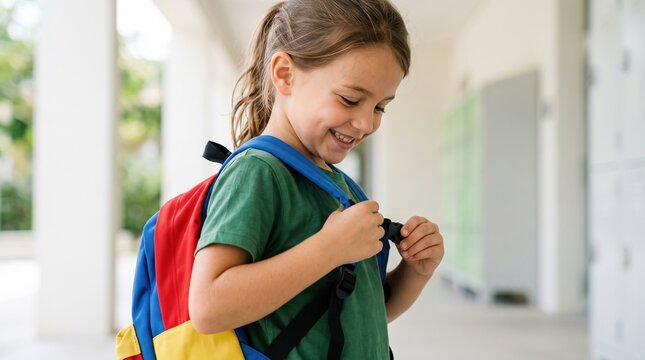 Children enjoy a fun and active break time at school. A smiling student stands in the hallway and adjusts the straps of her colorful backpack.