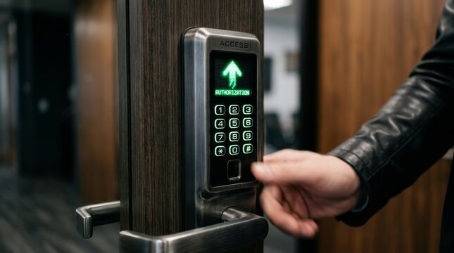 Close-up of a modern biometric security door lock system with fingerprint scanner and numeric keypad showing granted authorization with a green arrow in a high-tech professional office environment