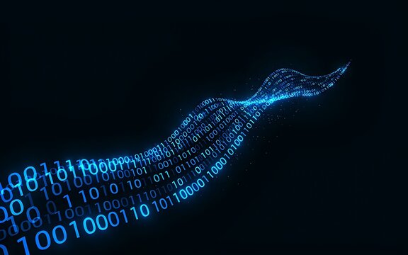 Floating blue binary numbers arranged in digital data wave pattern against dark background ideal for server communication networking or software development arts.