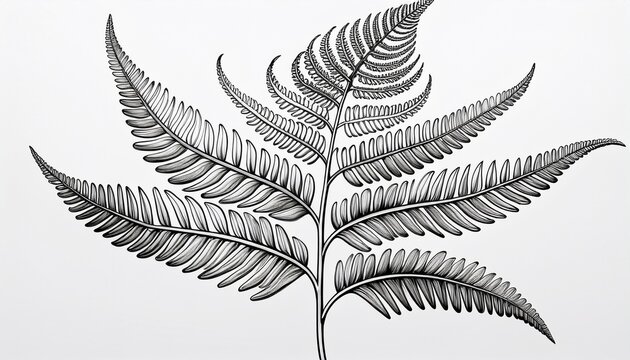 detailed line drawing of a fern frond intricate elegant lines create a stylized fern leaf with delicate fronds radiating from a central stem simple black lines on white background