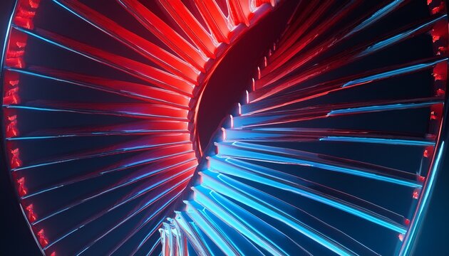 double helix spiral staircase with red and blue glowing handrails 3d render
