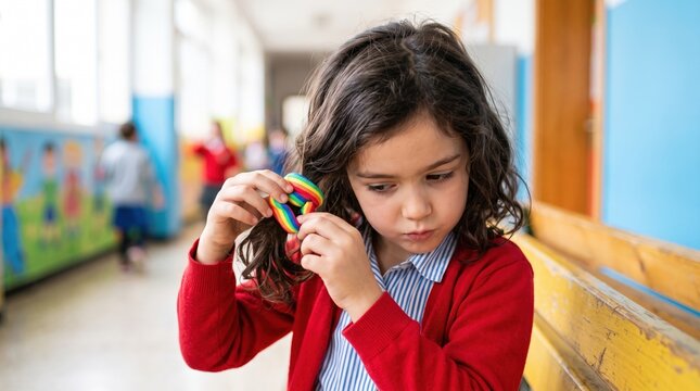 Children enjoy a fun and active break time at school. A focused young girl carefully fixes her hair with a hairband in the busy hallway.