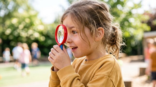 Children enjoy a fun and active break time at school. A curious girl examines the world closely by looking through a magnifying glass.