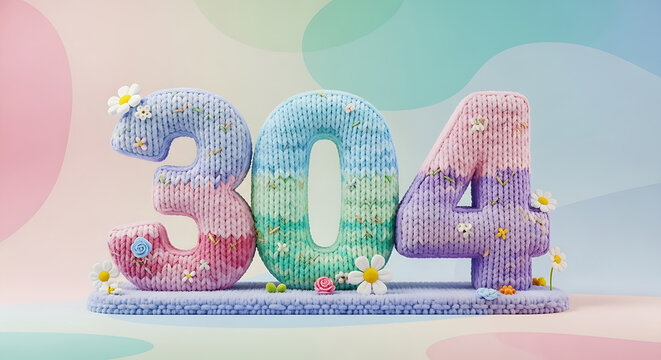 Knitted numbers 304 in pastel blue, pink, green, and purple with charming flowers and leaves, sweet 3D illustration
