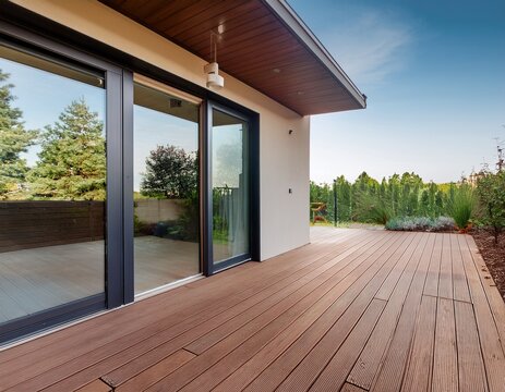 empty modern terrace with composite decking and sliding glass door outside a contemporary house clean outdoor living space