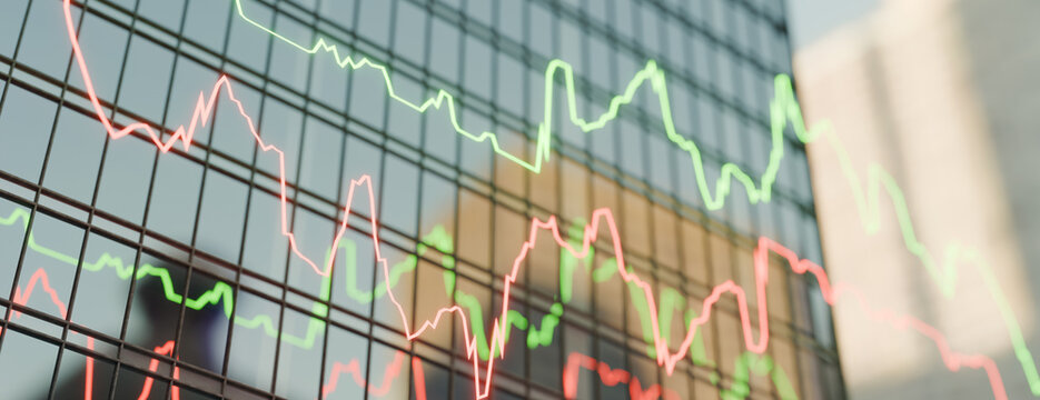 Financial stock market data graphs overlaid on a modern glass skyscraper office building facade