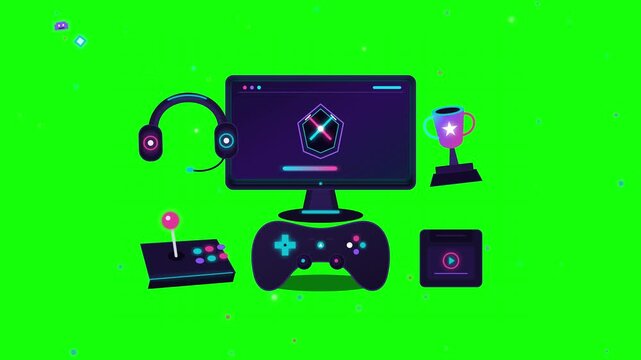 Animated gaming icons and computer monitors on green screen