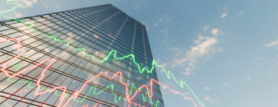 Modern glass skyscraper reaching towards the blue sky with overlaid financial market data graphs