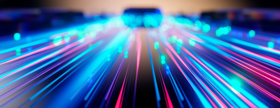 Abstract digital background with glowing blue and pink light streaks representing data flow