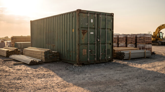 A green 20 foot container sits on a storage yard surrounded by construction material, timber and metal pipes.