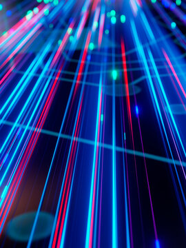 Abstract digital background with glowing blue and red light streaks and circuit patterns
